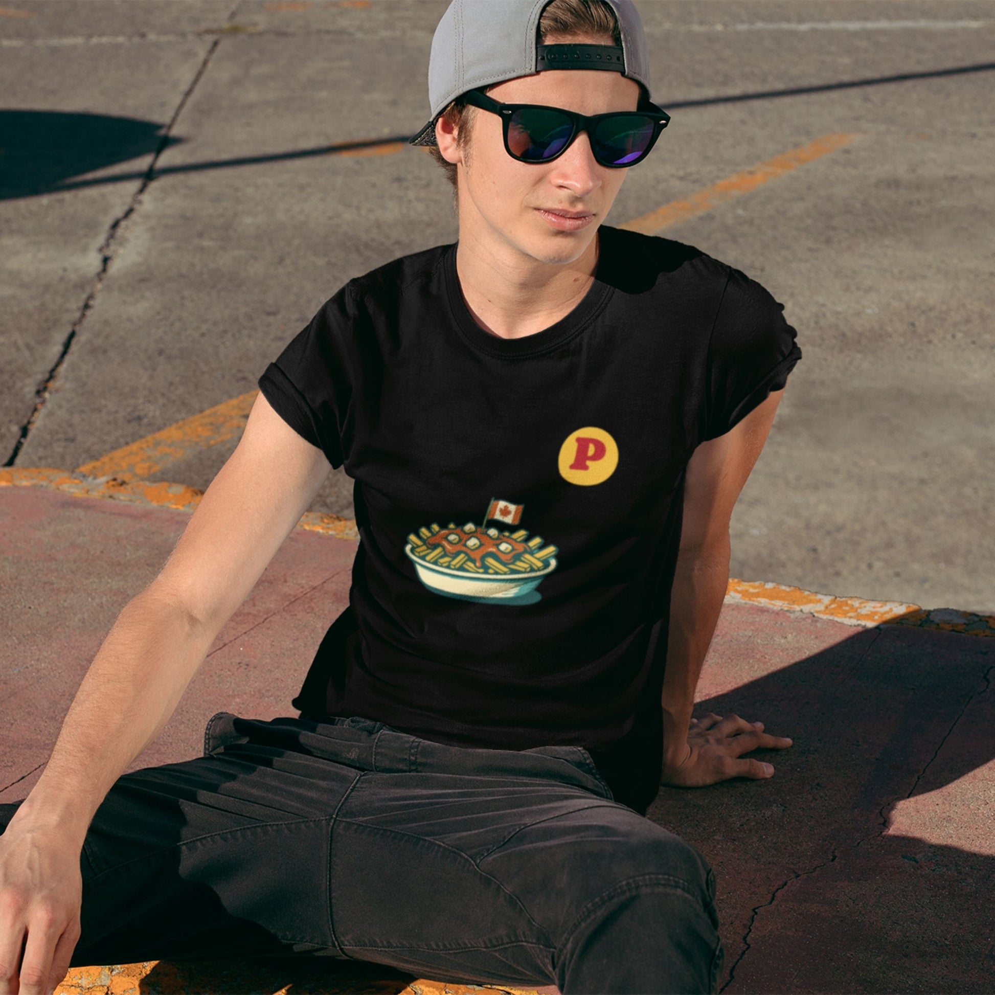 Man wearing the Canadian Made Black Organic cotton Poutine T shirt from the Canadian ABC collection by Maple Beaver