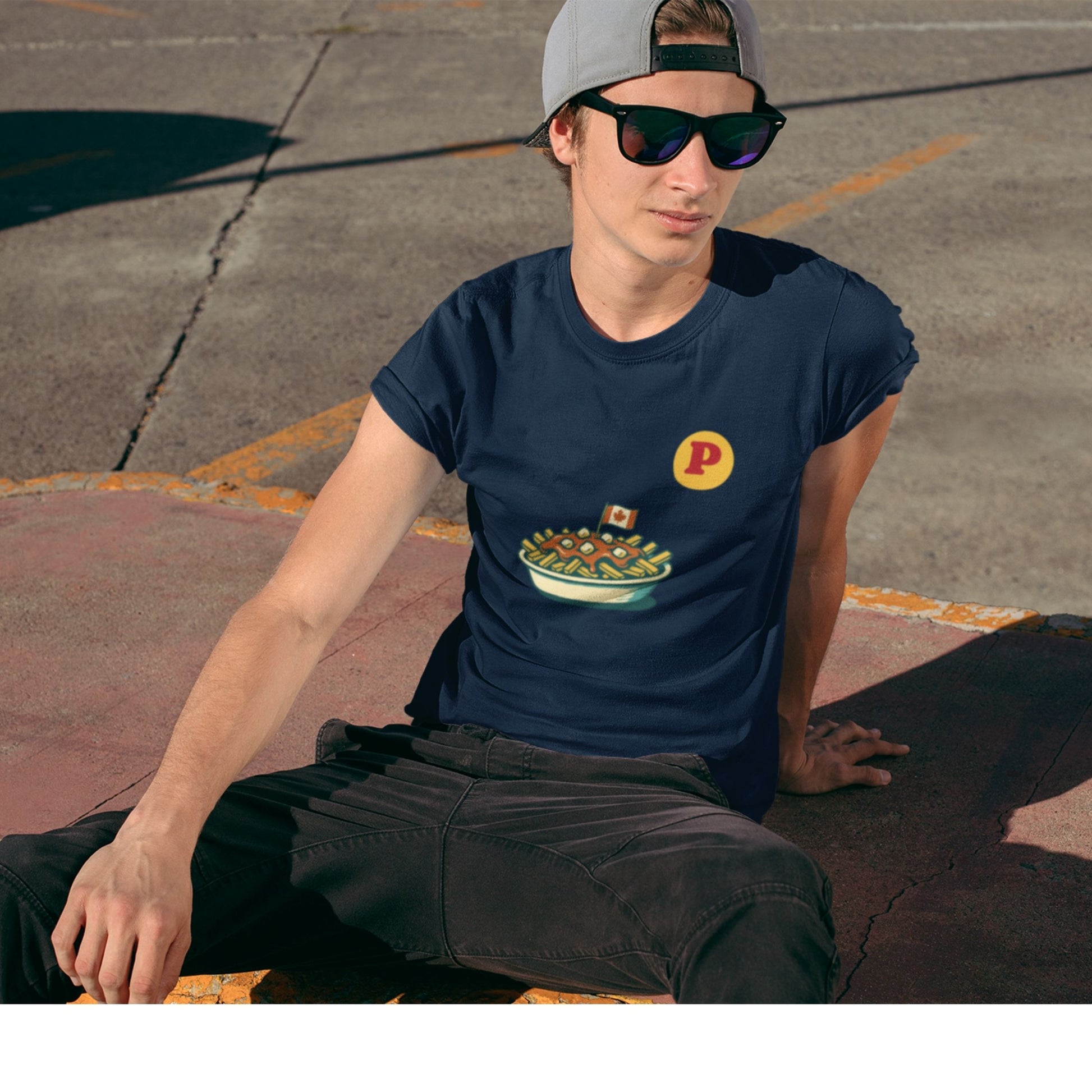 Man wearing the Canadian Made Navy Organic cotton Poutine T shirt from the Canadian ABC collection by Maple Beaver