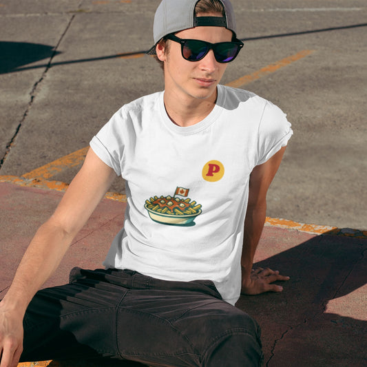 Man wearing the Canadian Made White Organic cotton Poutine T shirt from the Canadian ABC collection by Maple Beaver