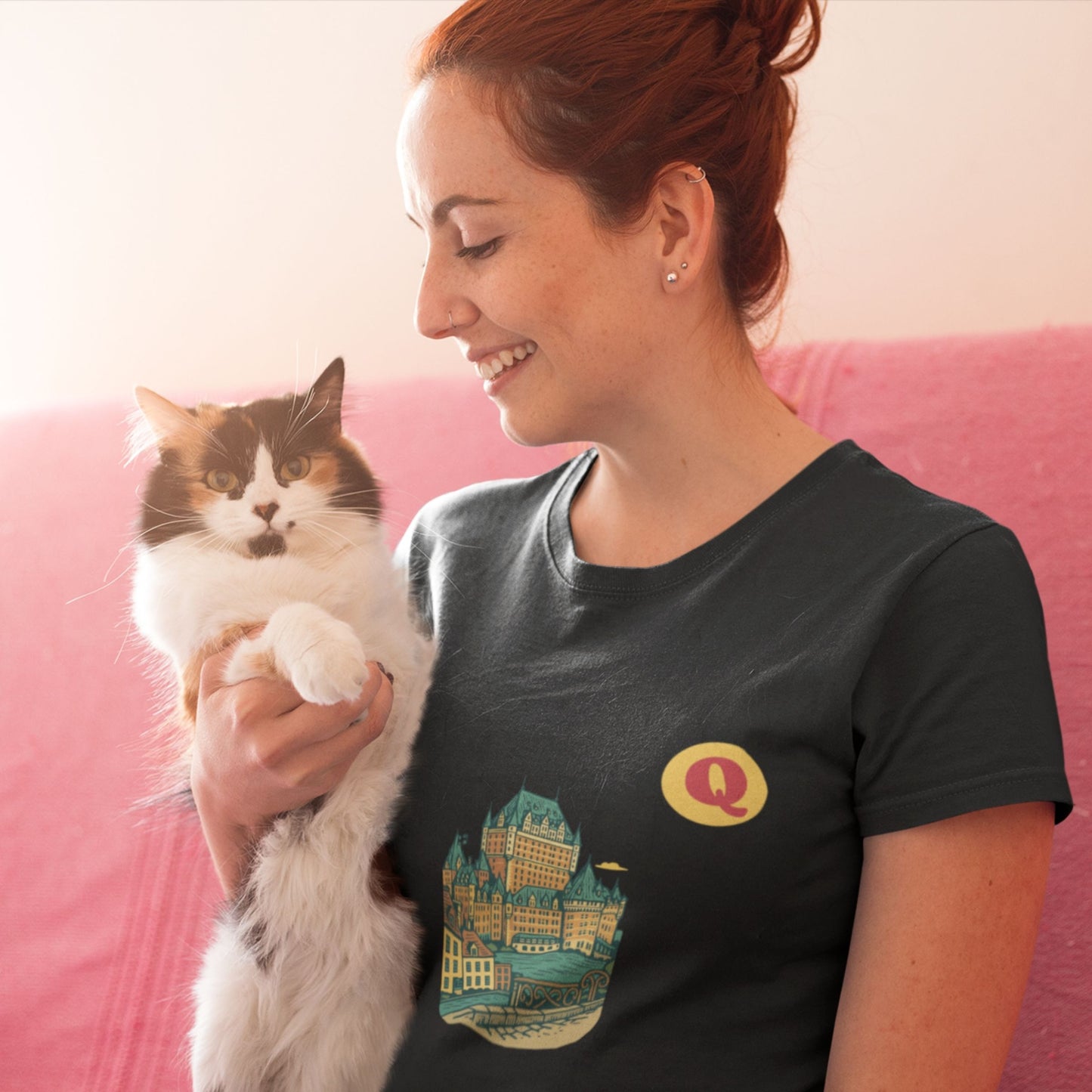 Woman wearing a Quebec City Canada T Shirt in Black colour from the Canadian ABC collection by Maple Beaver