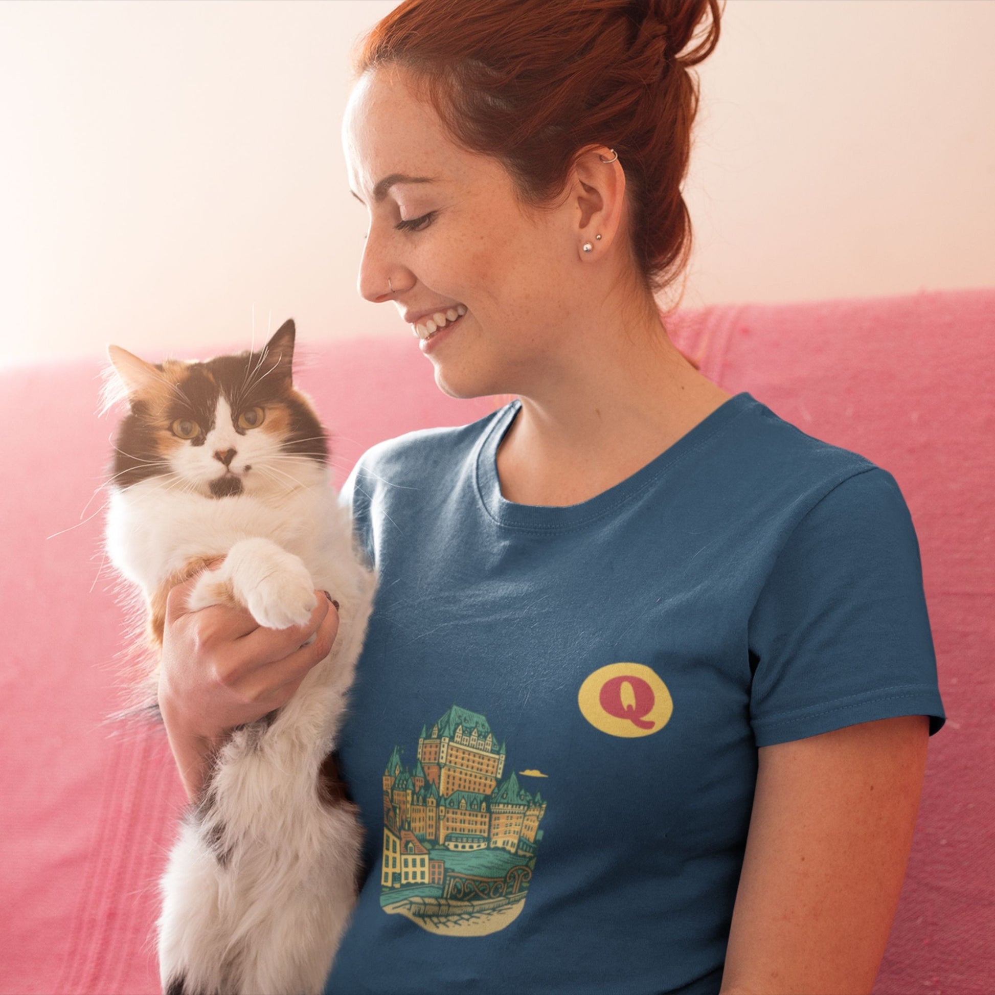 Woman wearing a Quebec City Canada T Shirt in Navy colour from the Canadian ABC collection by Maple Beaver