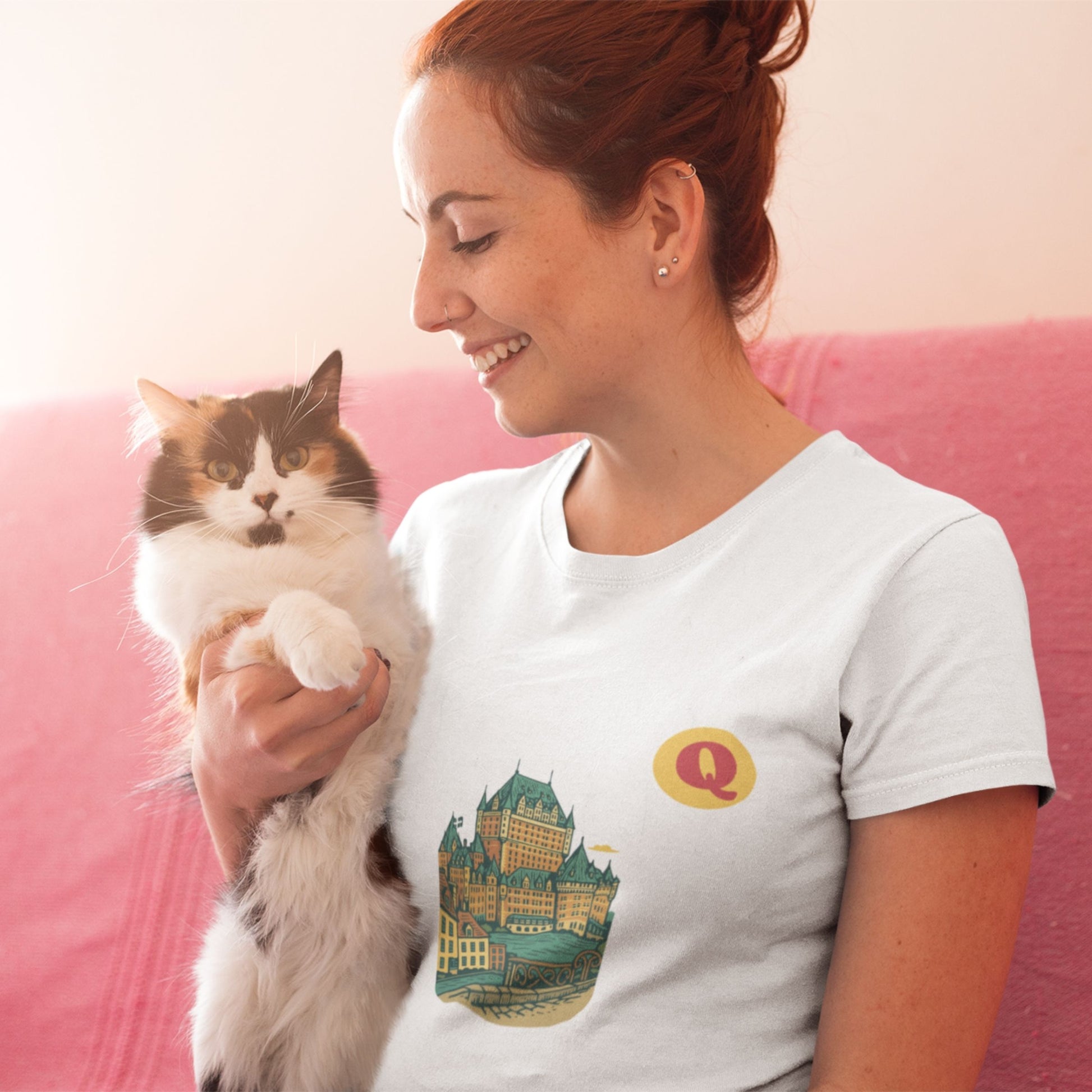 Woman wearing a Quebec City Canada T Shirt in White colour from the Canadian ABC collection by Maple Beaver