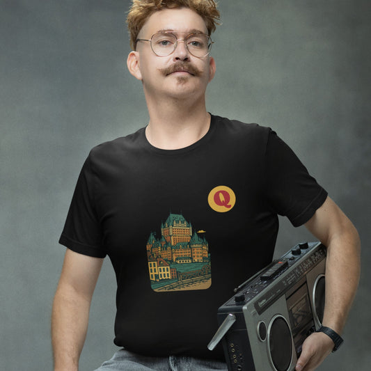 Man wearing a Quebec City Canada T Shirt in Black colour from the Canadian ABC collection by Maple Beaver