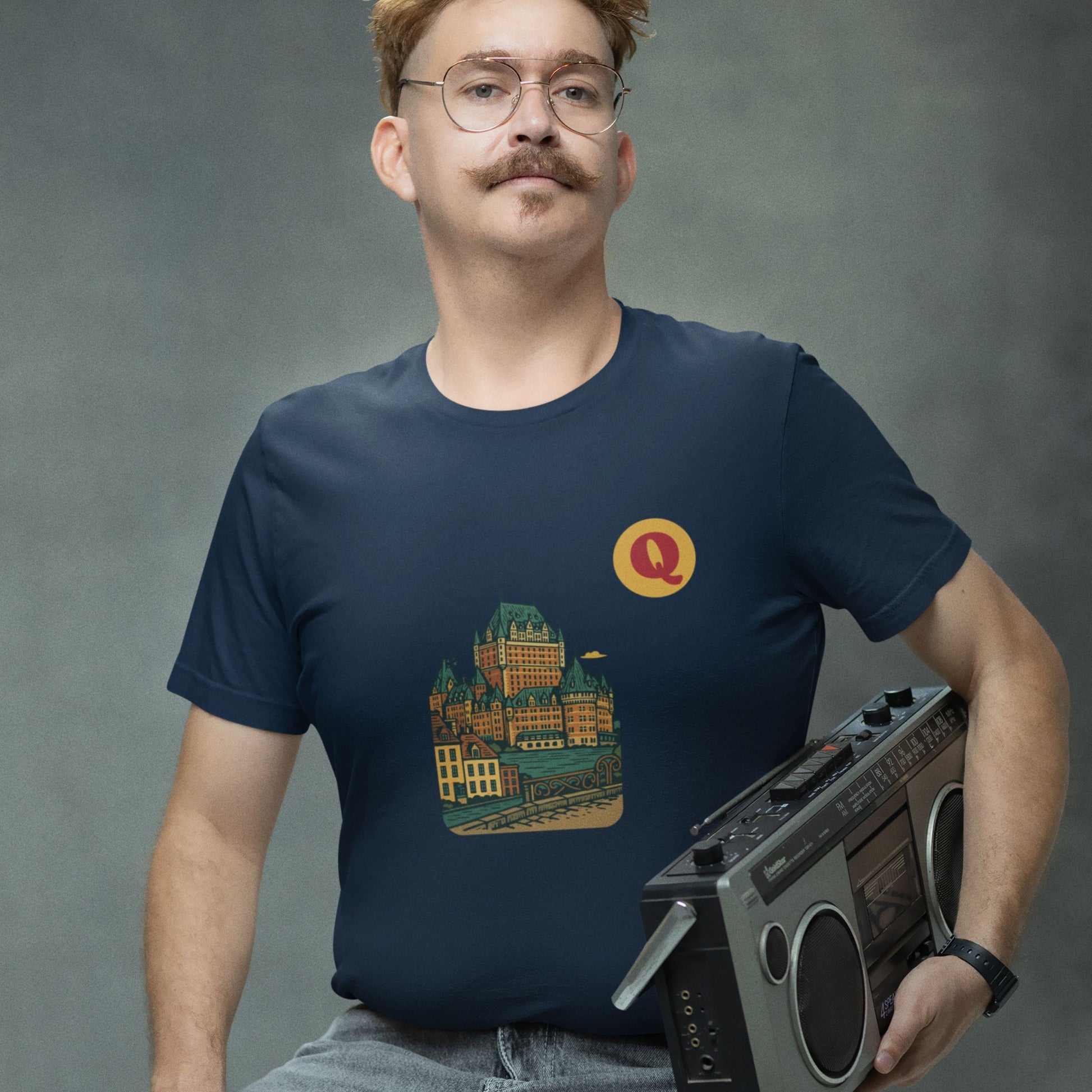 Man wearing a Quebec City Canada T Shirt in Navy colour from the Canadian ABC collection by Maple Beaver