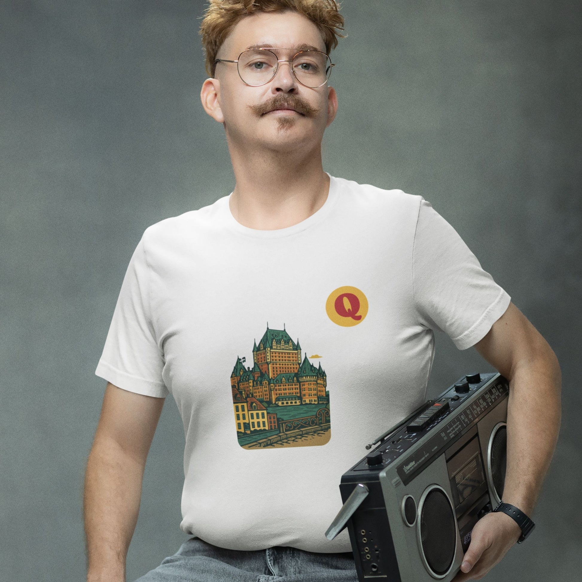 Man wearing a Quebec City Canada T Shirt in White colour from the Canadian ABC collection by Maple Beaver