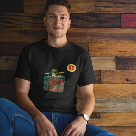 Man wearing a RCMP Canada T Shirt in Black colour from the Canadian Alphabet collection by Maple Beaver