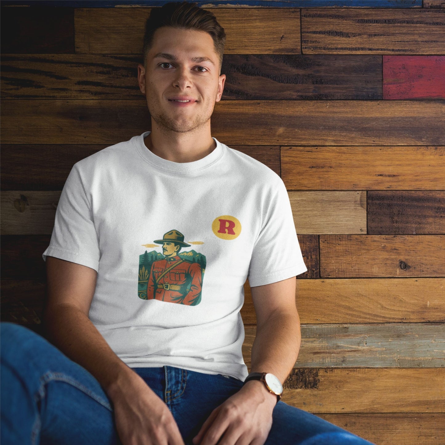 Man wearing a RCMP Canada T Shirt in White colour from the Canadian Alphabet collection by Maple Beaver