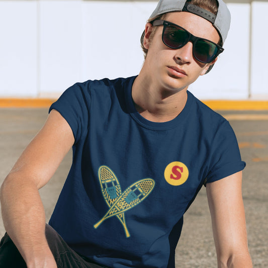 Man wearing a Canadian Made Navy Blue colour T Shirt with Snowshoes from the Canadian ABC collection by Maple Beaver