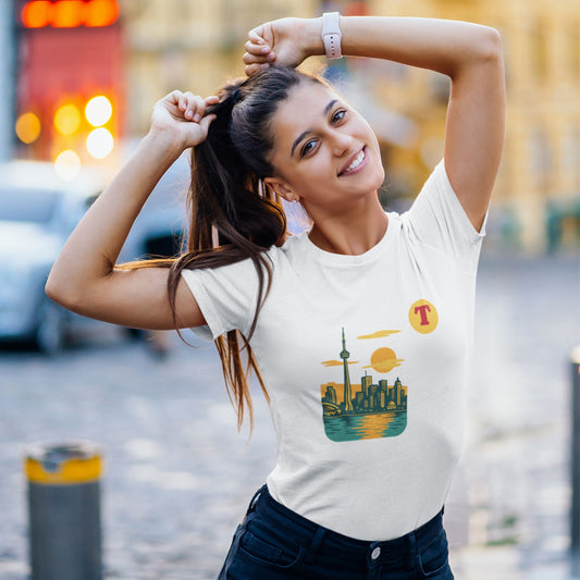 Woman wearing a Toronto Canada T Shirt in White colour from the Canadian ABC collection by Maple Beaver