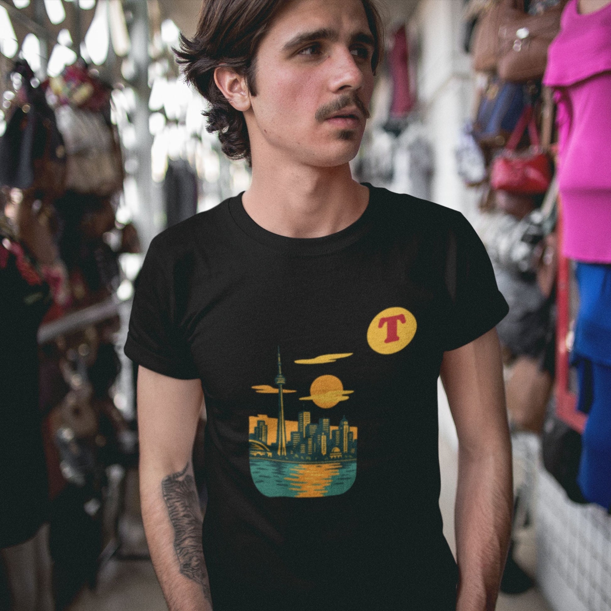 Man wearing a Toronto Canada T Shirt in Black colour from the Canadian ABC collection by Maple Beaver