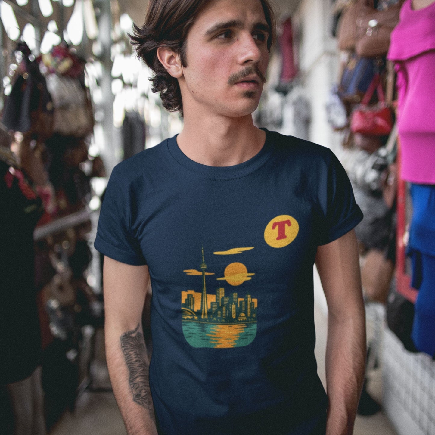 Man wearing a Toronto Canada T Shirt in Navy colour from the Canadian ABC collection by Maple Beaver
