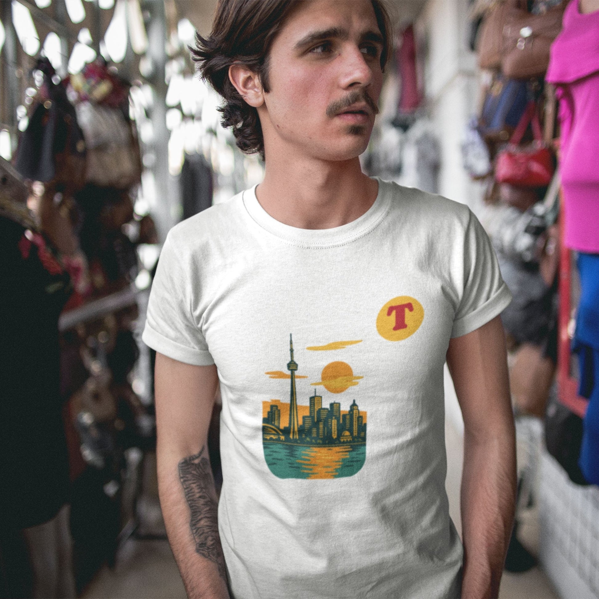 Man wearing a Toronto Canada T Shirt in White colour from the Canadian ABC collection by Maple Beaver