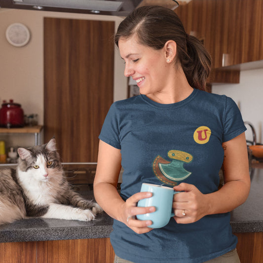 Woman wearing the Canadian Made Ulu Knife T Shirt in Navy colour from the Canadian ABC collection by Maple Beaver