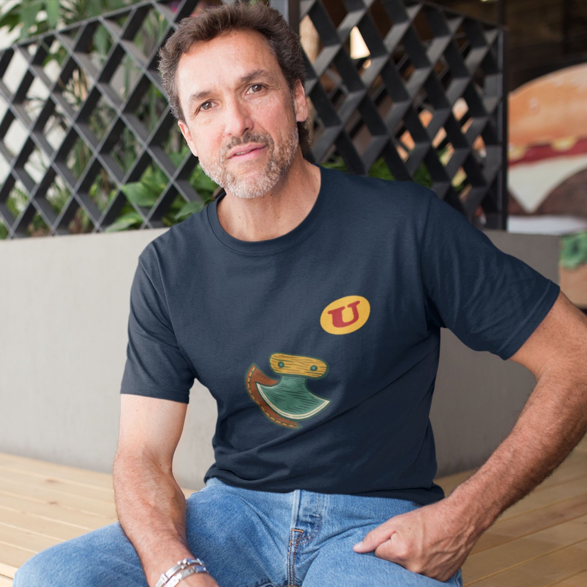 Man wearing the Canadian Made Ulu Knife T Shirt in Navy colour from the Canadian ABC collection by Maple Beaver