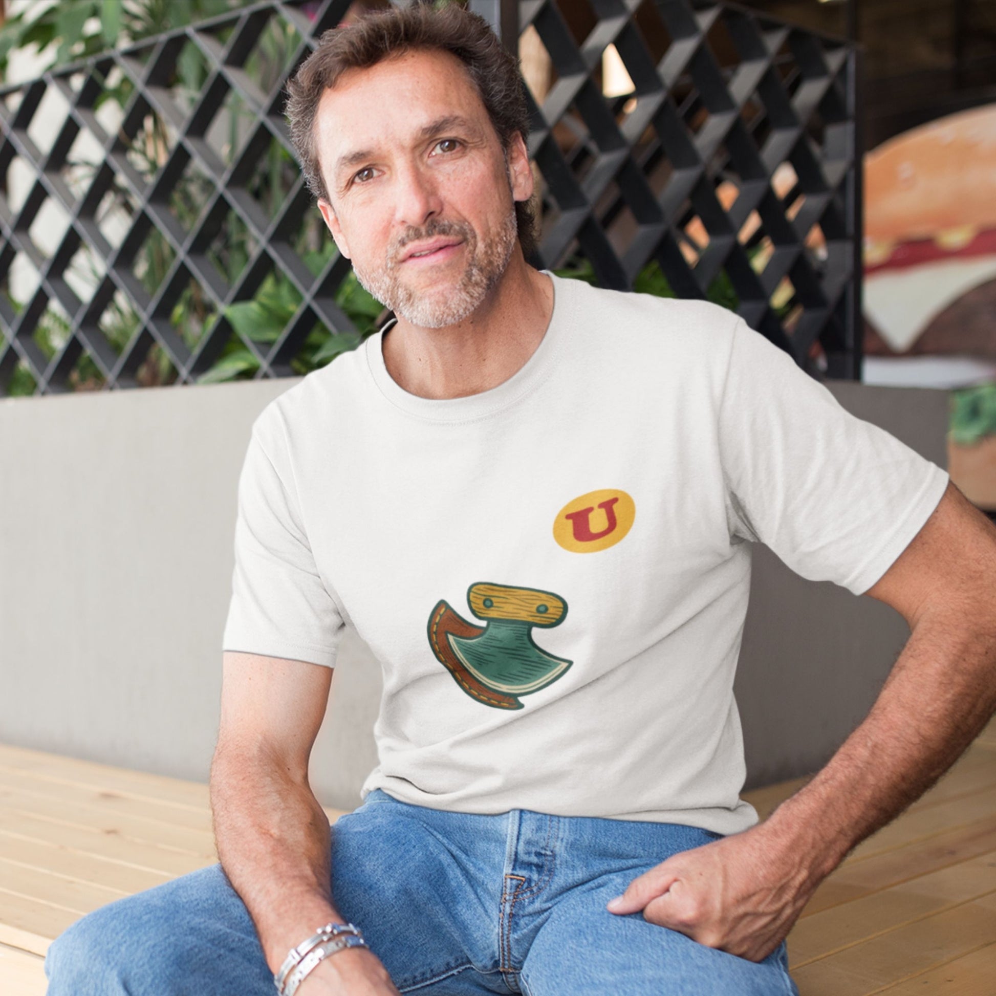 Man wearing the Canadian Made Ulu Knife T Shirt in White colour from the Canadian ABC collection by Maple Beaver