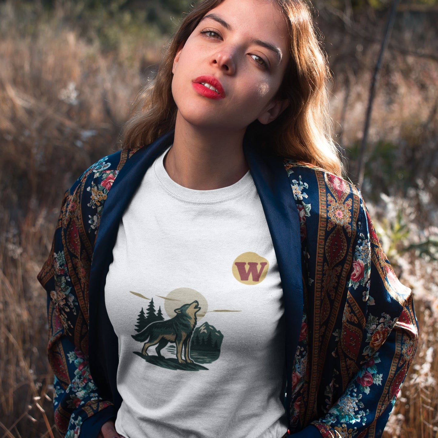 Woman wearing  the Canadian Made wolf T Shirt in white colour from the Canadian ABC collection by Maple Beaver