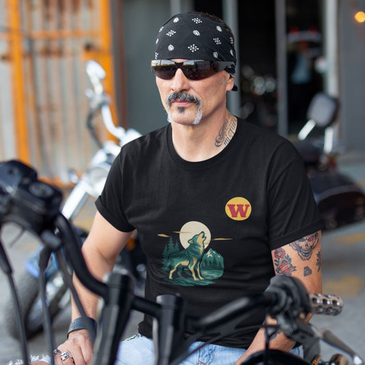 Man wearing the Made in Canada Wolf T Shirt in Black colour from the Canadian ABC collection by Maple Beaver