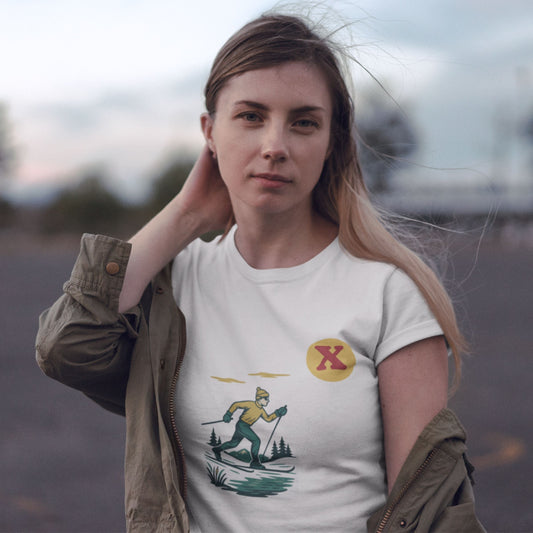 Woman wearing the Canadian Made organic cotton cross country Skiing T shirt from the Canadian Alphabet collection by Maple Beaver