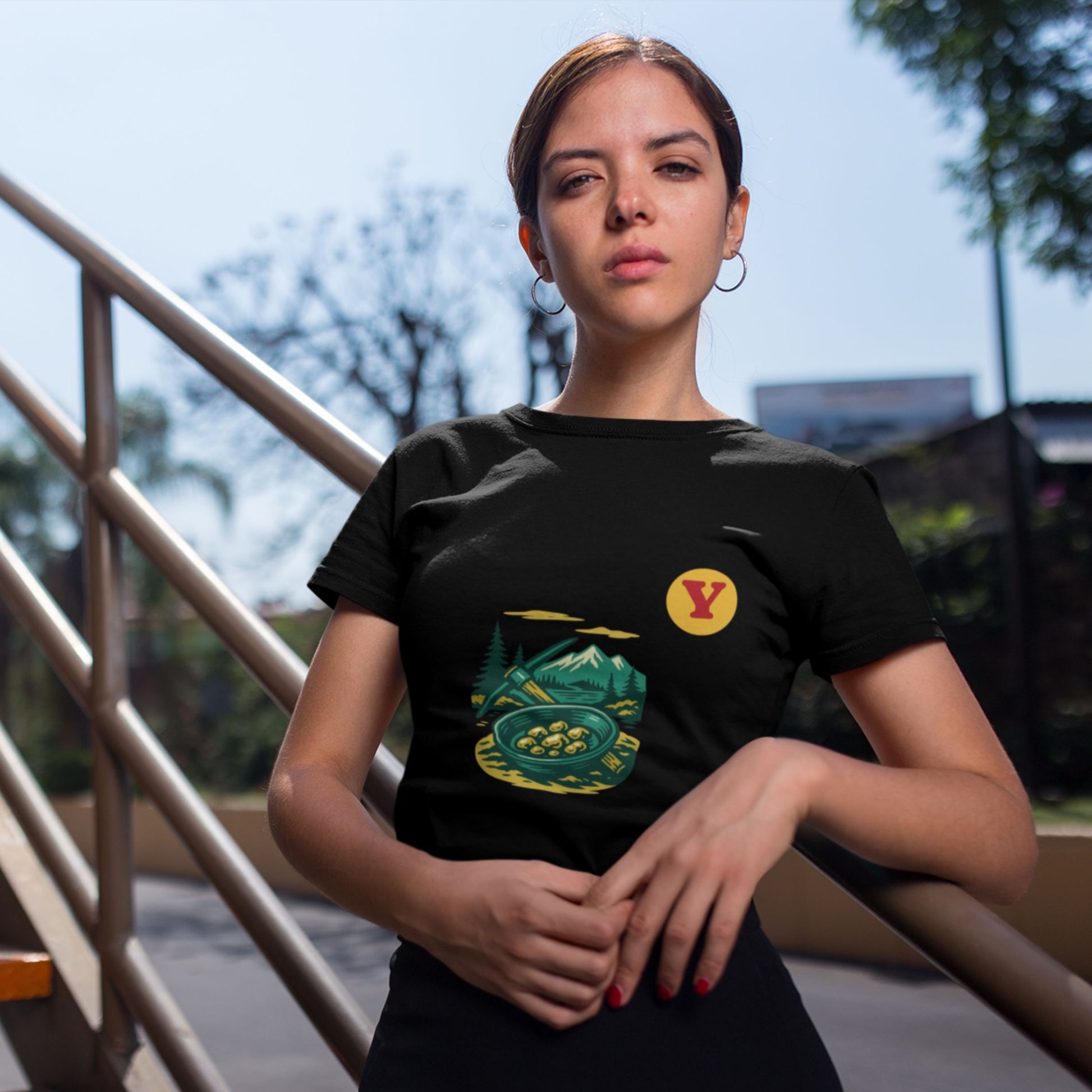 Woman wearing the Canadian Made Yukon T shirt in Black colour from the Canadian ABC collection by Maple Beaver