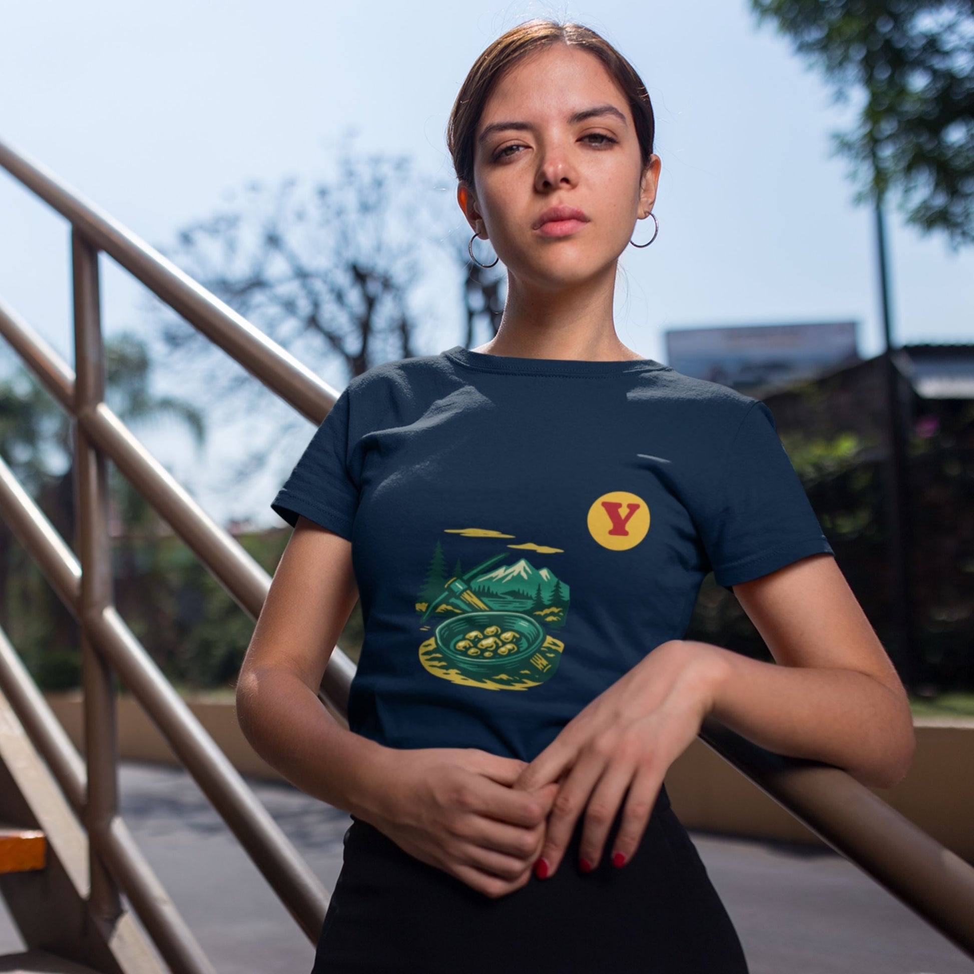 Woman wearing the Canadian Made Yukon T shirt in Navy colour from the Canadian ABC collection by Maple Beaver