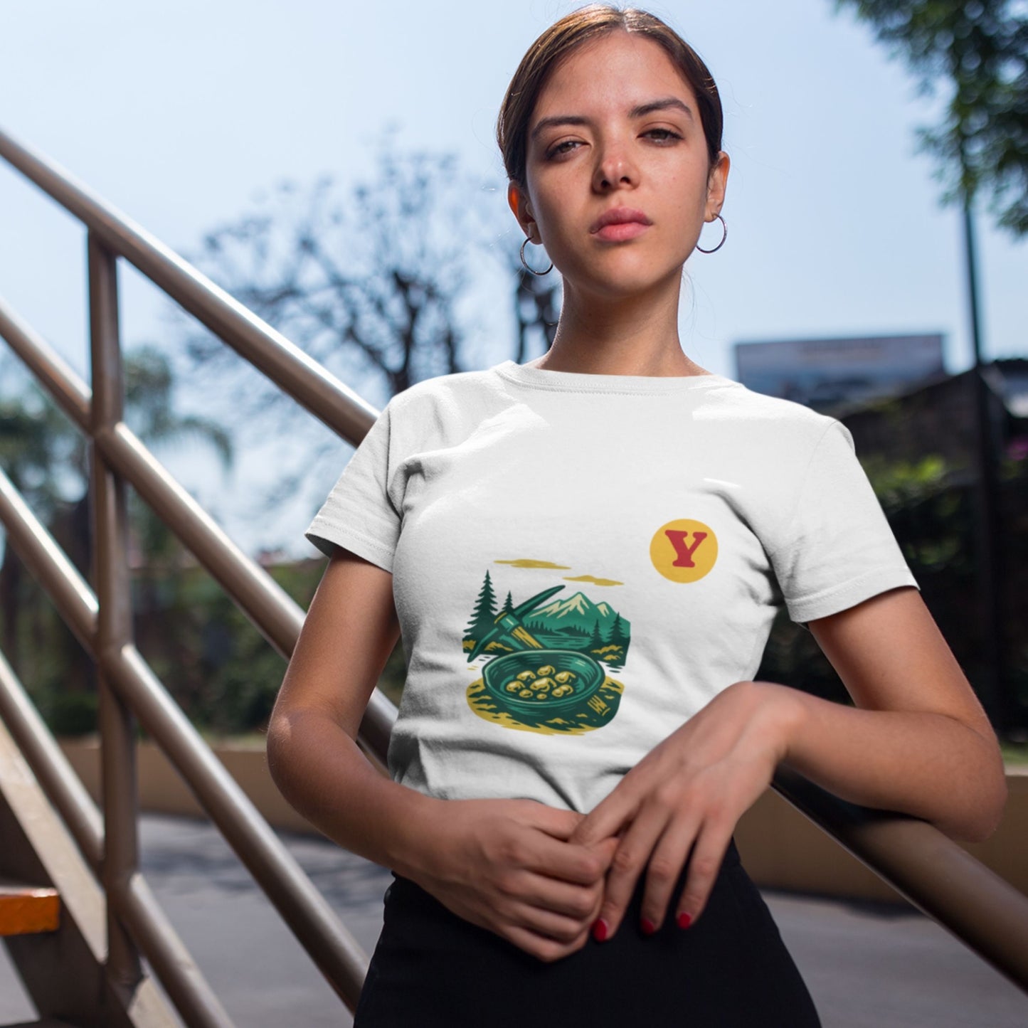 Woman wearing the Canadian Made Yukon T shirt in White colour from the Canadian ABC collection by Maple Beaver