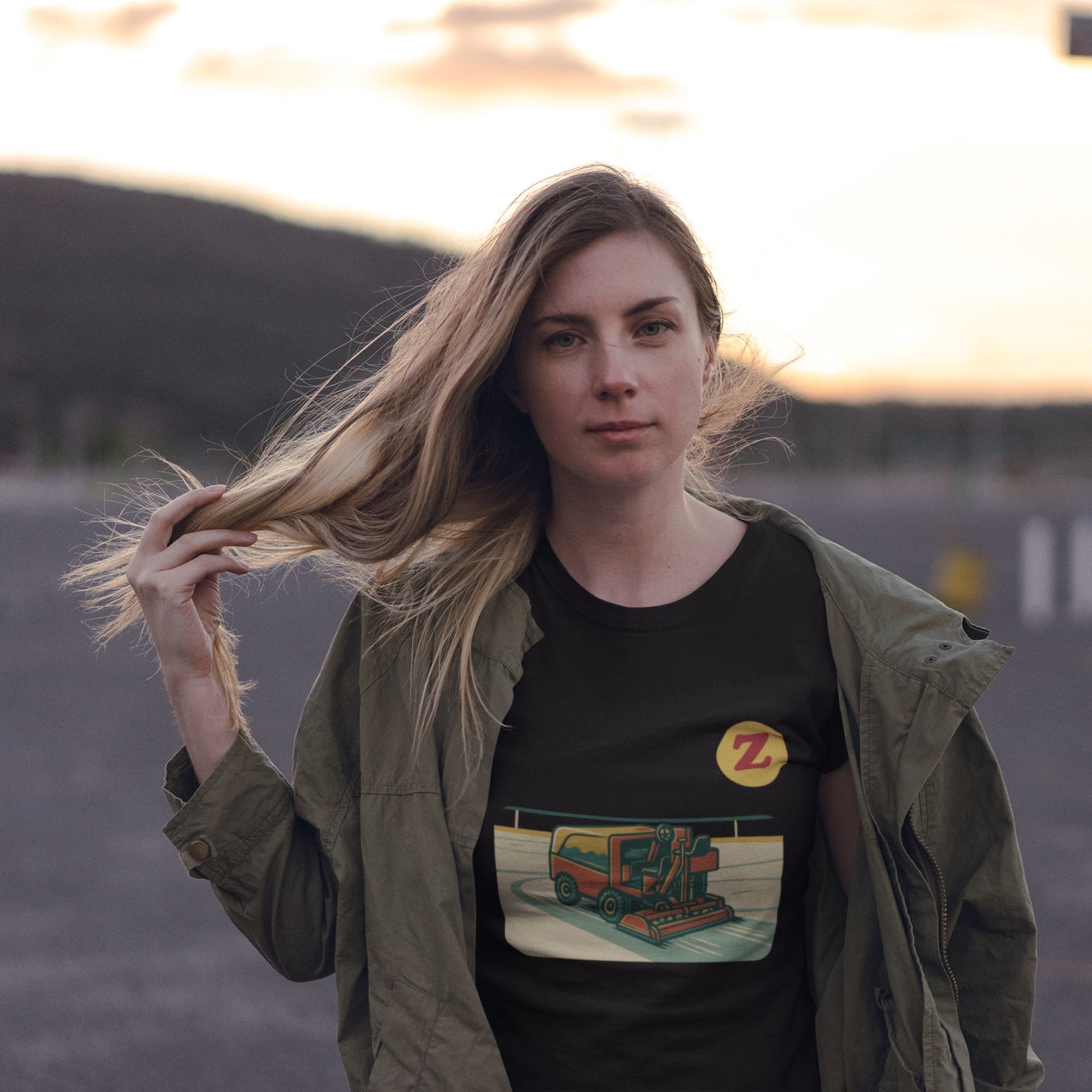 Female Model wearing Canadian Made Zamboni T Shirt in Black color