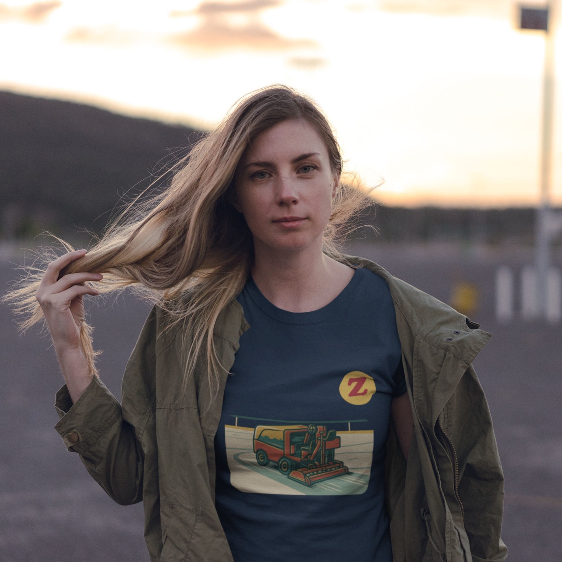 Female Model wearing Canadian Made Zamboni T Shirt in Navy Blue color