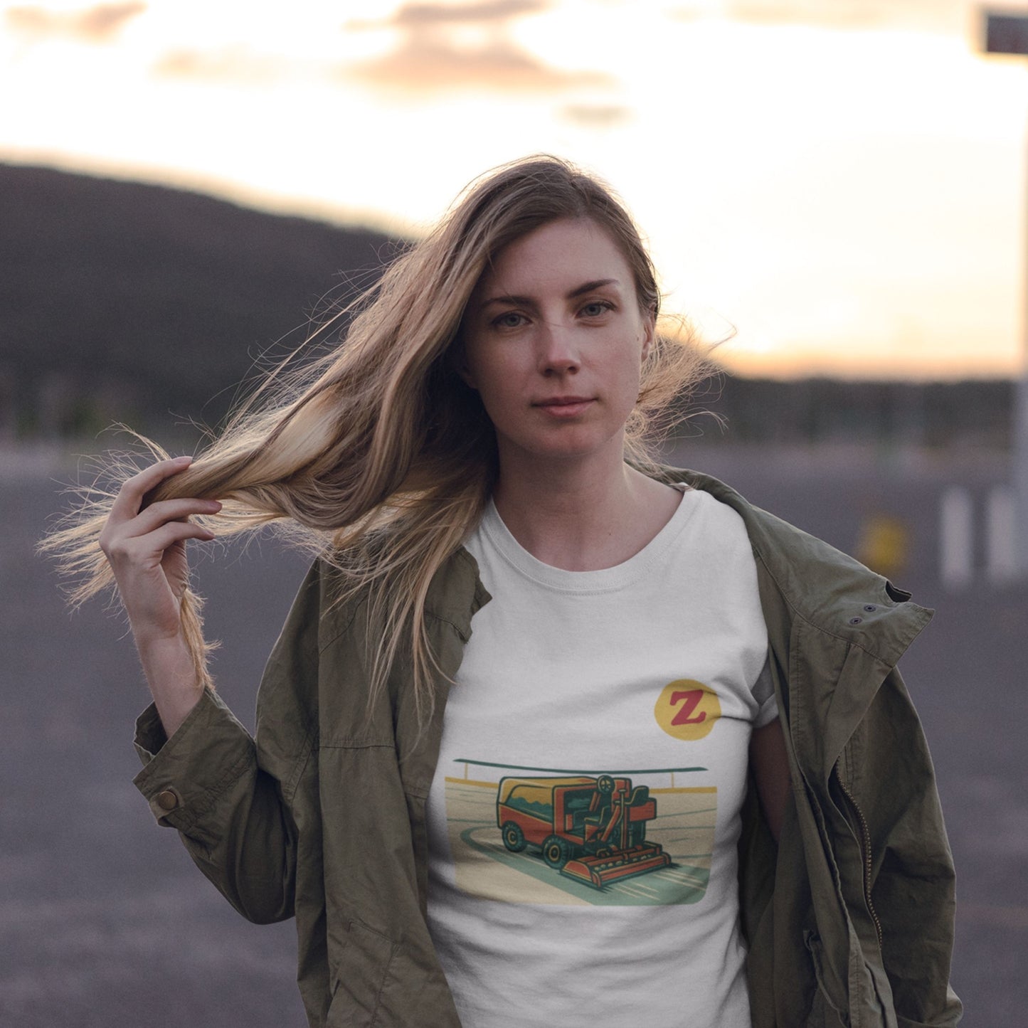 Female Model wearing Canadian Made Zamboni T Shirt in white color