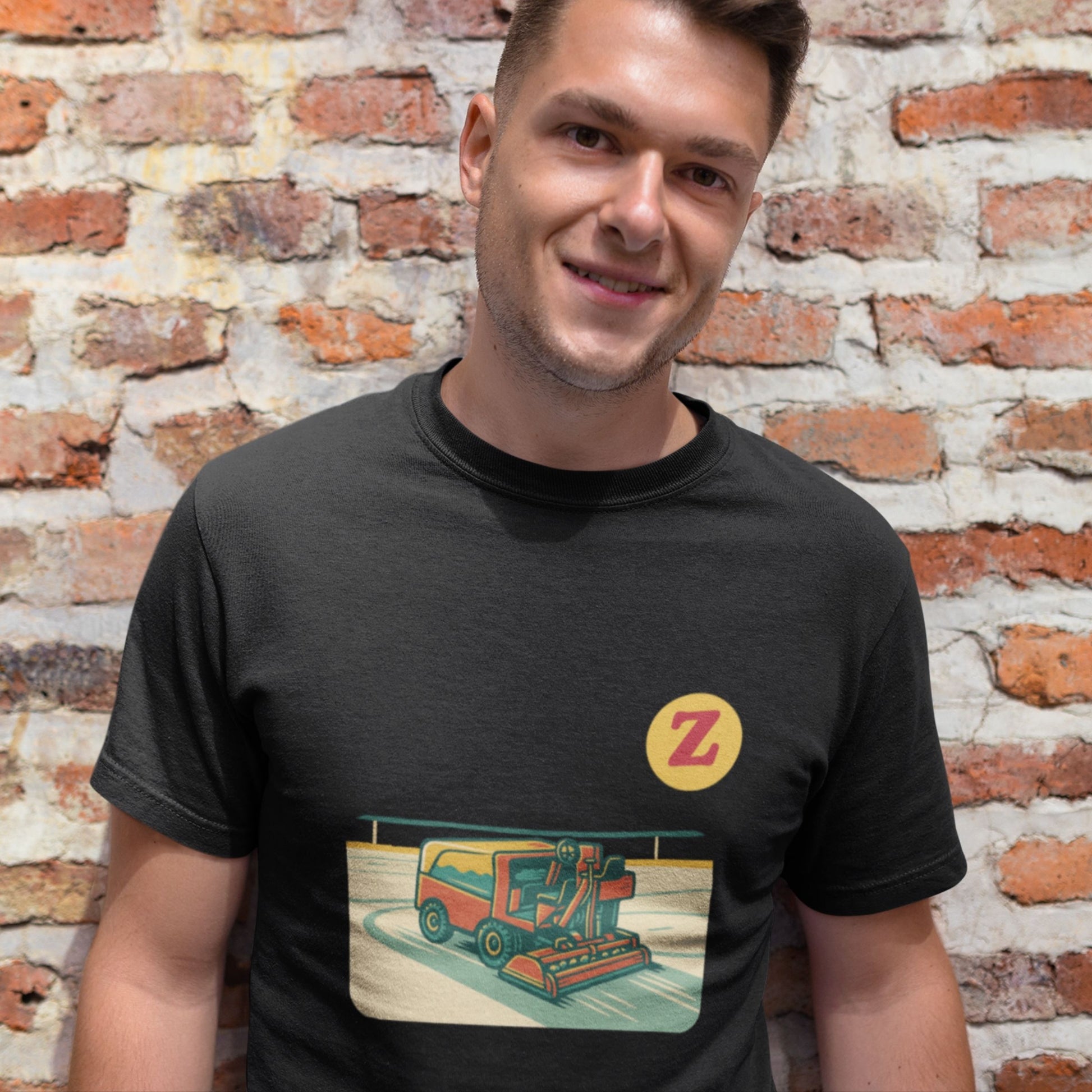 Male Model wearing Canadian Made Zamboni T Shirt in Black color