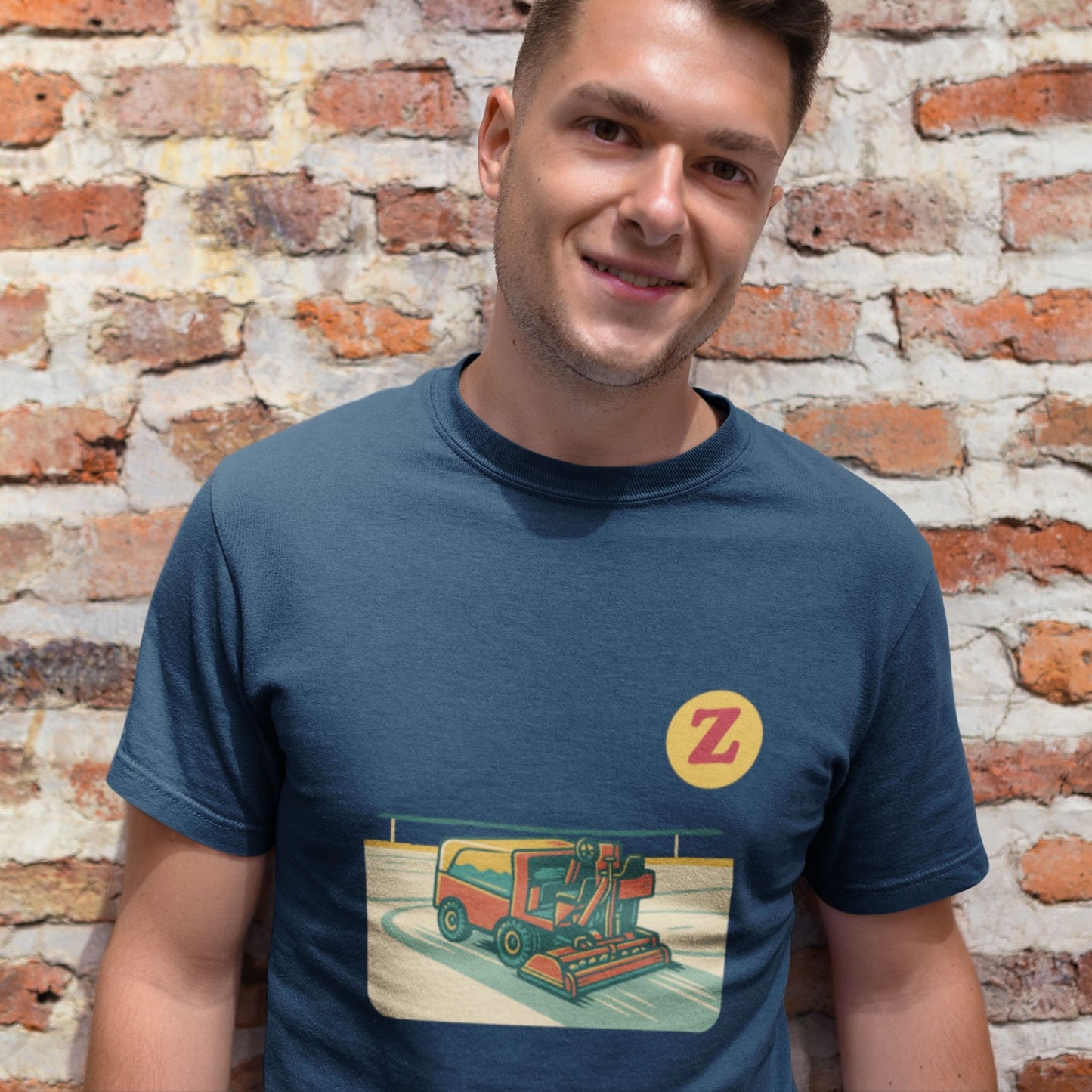 Male Model wearing Canadian Made Zamboni T Shirt in Navy Blue