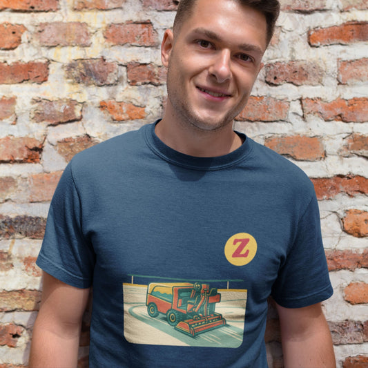 Male Model wearing Canadian Made Zamboni T Shirt in Navy Blue
