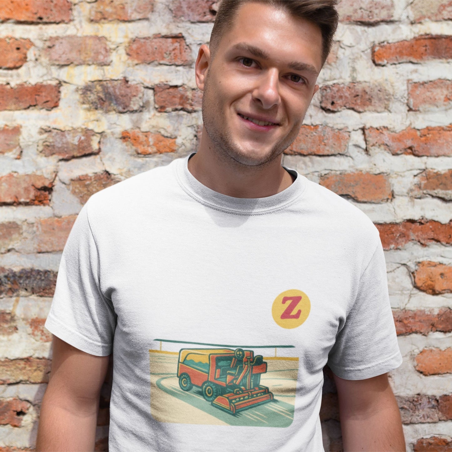 Male Model wearing Canadian Made Zamboni T Shirt in white color