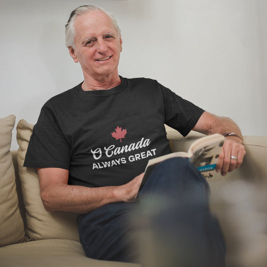 Man wearing the O Canada Always Great Canada Canadian T Shirt in Black colour by Maple Beaver.