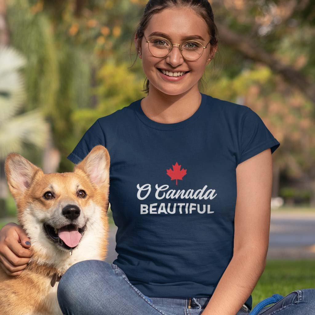 Woman wearing the O Canada Beautiful Canadian TShirt in Navy colour by Maple Beaver.