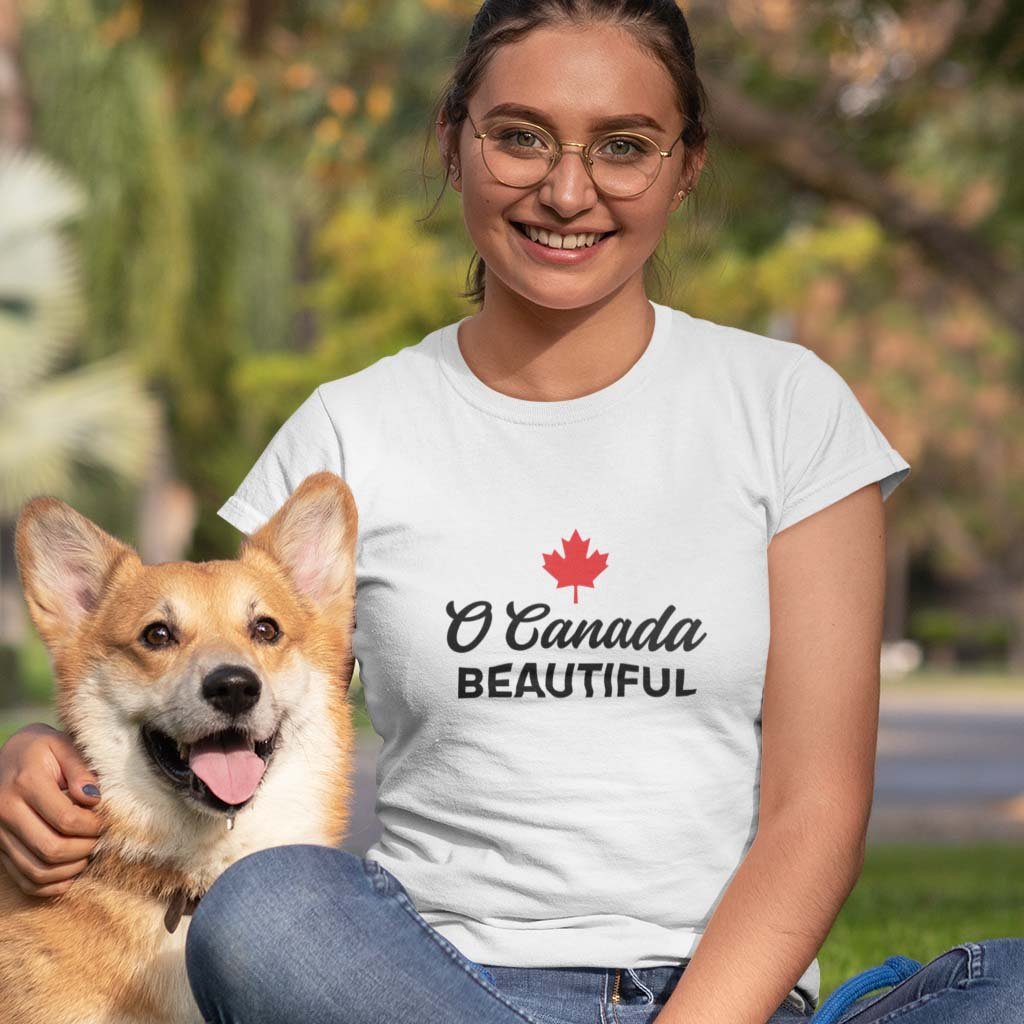 Woman wearing the O Canada Beautiful Canadian TShirt in White colour by Maple Beaver.