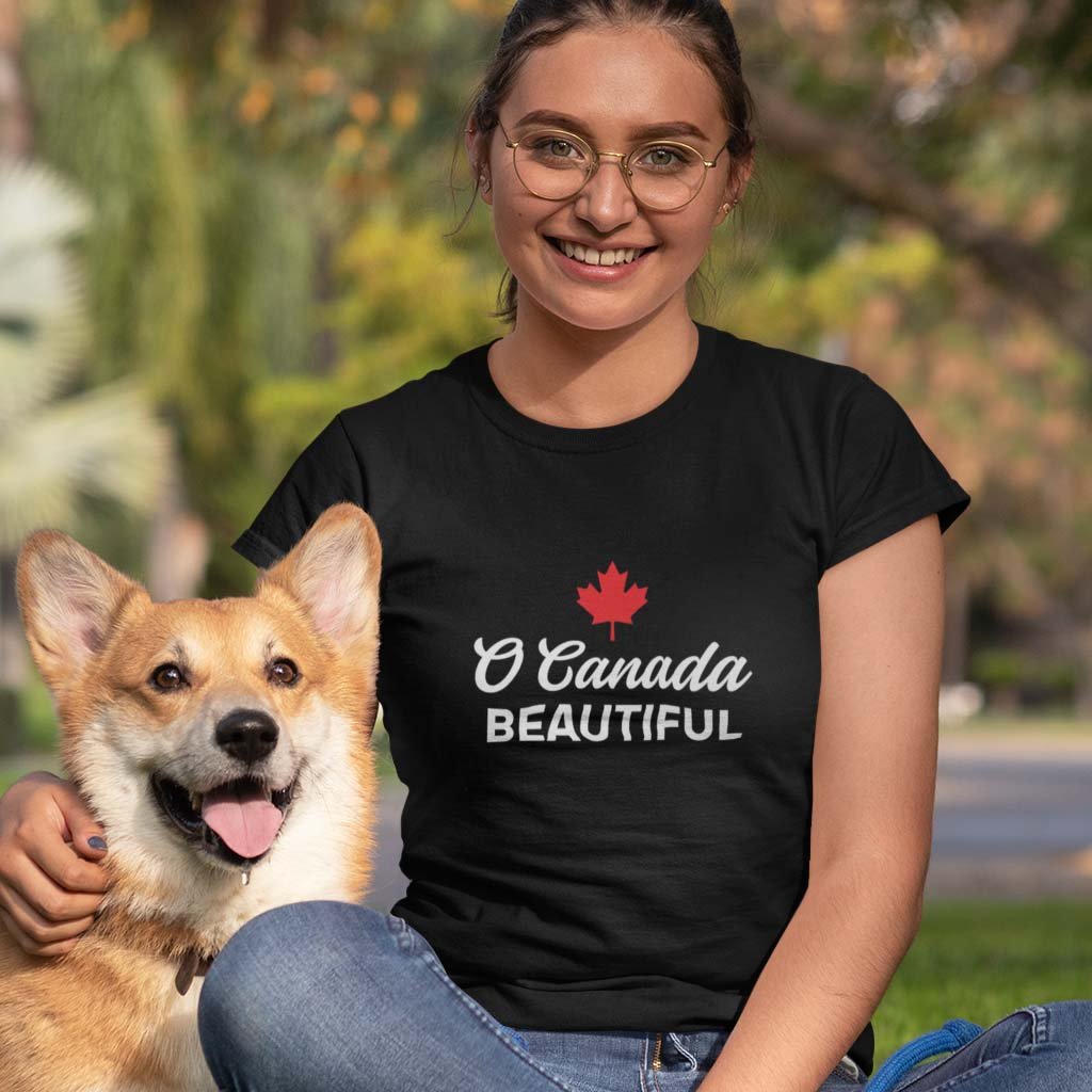 Woman wearing the O Canada Beautiful Canadian TShirt in Black colour by Maple Beaver.