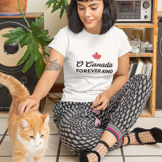 Woman wearing the O Canada Forever Kind Canada Canadian T Shirt in White colour by Maple Beaver.