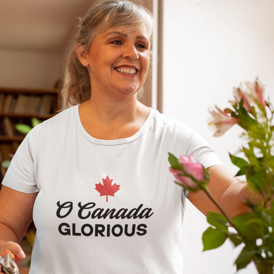 Woman wearing the O Canada Glorious Canadian TShirt in White colour by Maple Beaver.