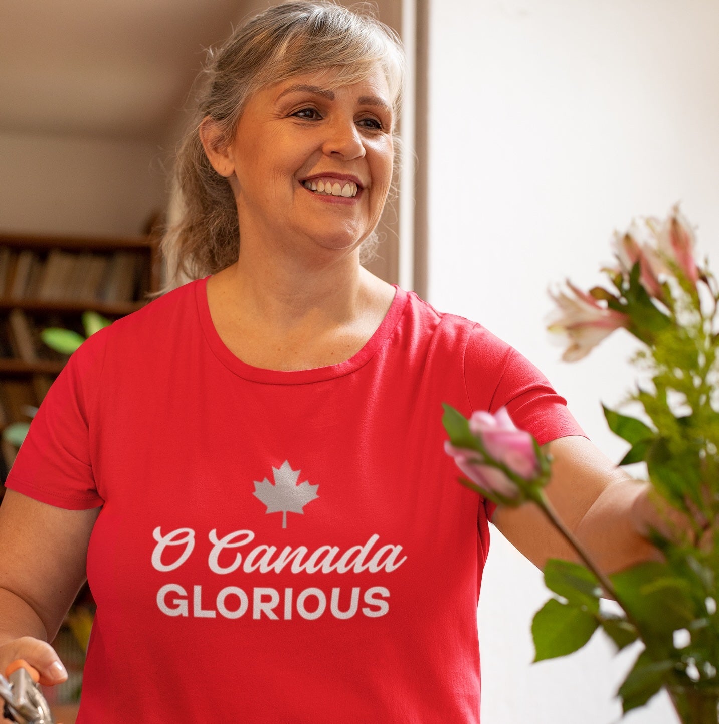 Woman wearing the O Canada Glorious Canadian TShirt in Red colour by Maple Beaver.