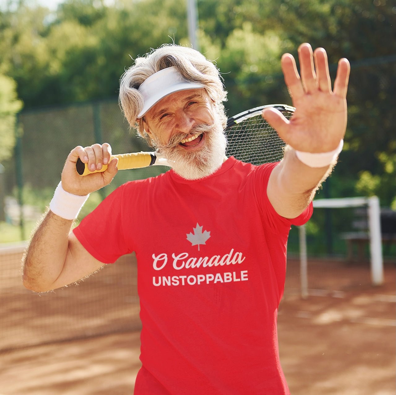 Man wearing the O Canada Unstoppable Canadian TShirt in Red colour by Maple Beaver.