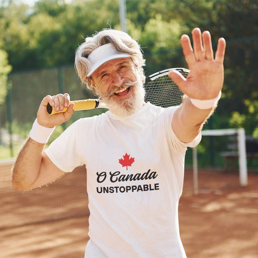 Man wearing the O Canada Unstoppable Canadian TShirt in White colour by Maple Beaver.