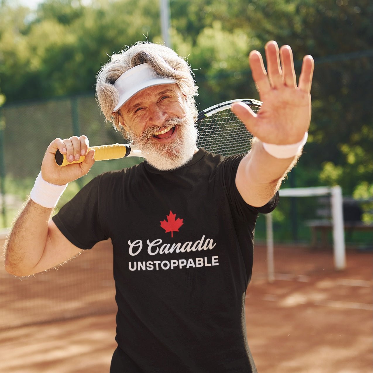 Man wearing the O Canada Unstoppable Canadian TShirt in Black colour by Maple Beaver.