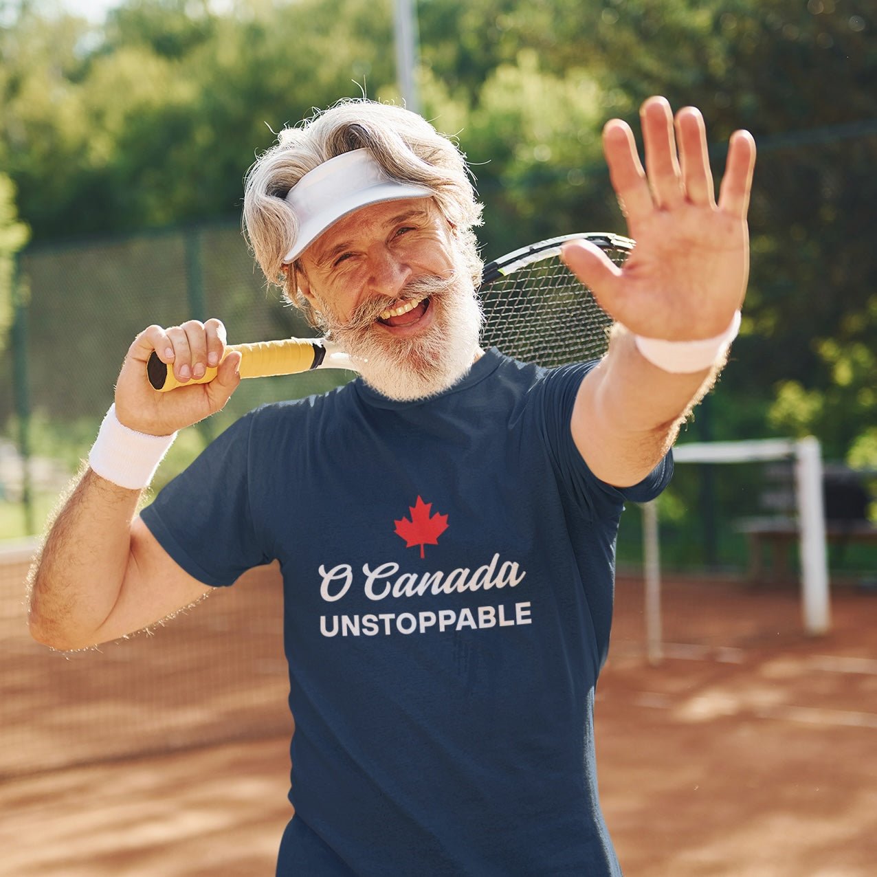 Man wearing the O Canada Unstoppable Canadian TShirt in Navy colour by Maple Beaver.