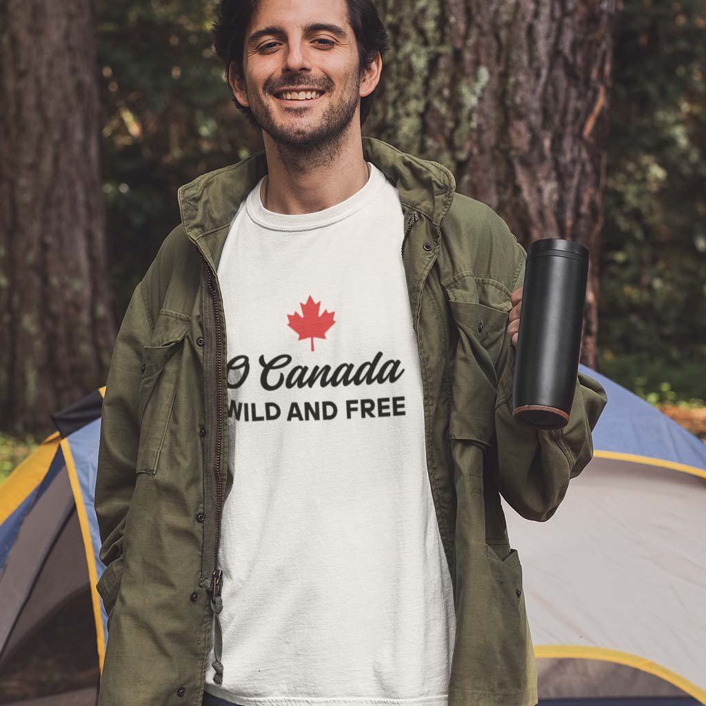 Man wearing the O Canada Wild and Free  Canadian TShirt in White colour by Maple Beaver.