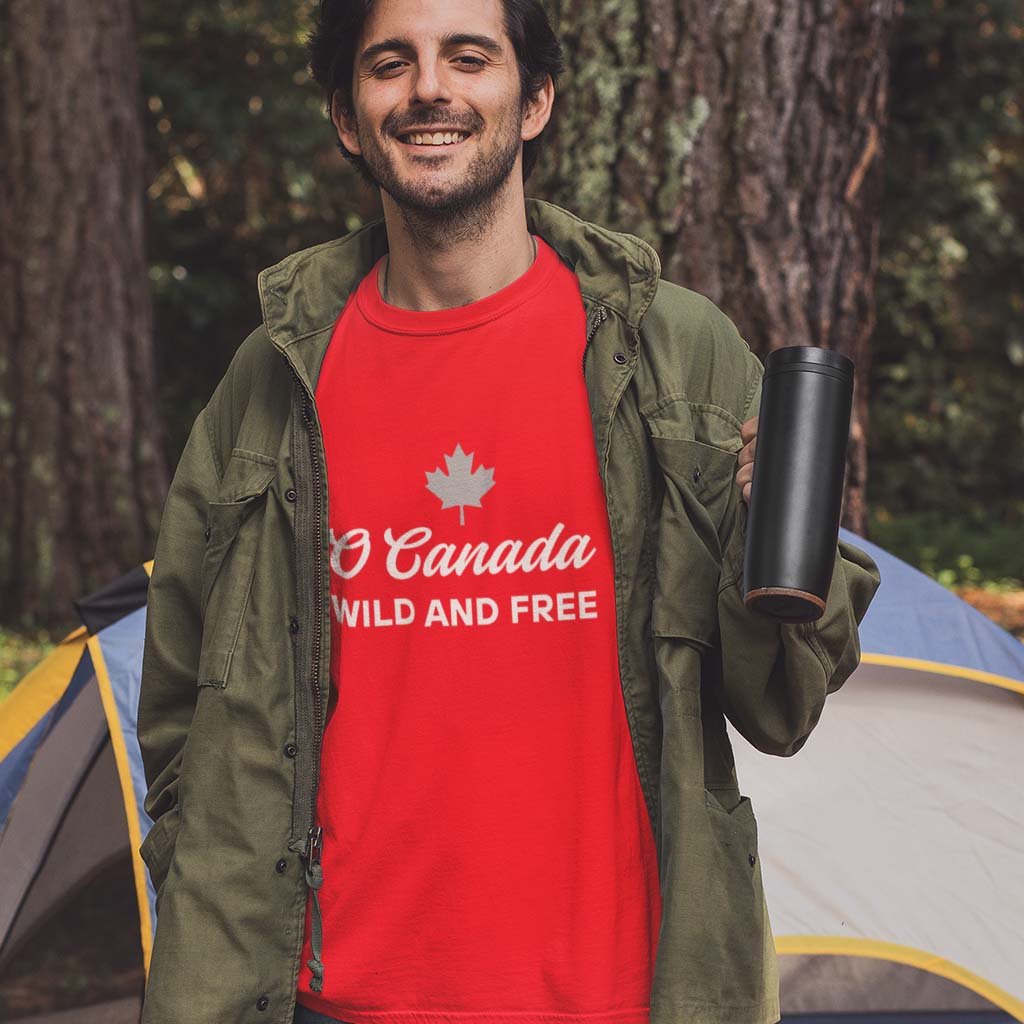 Man wearing the O Canada Wild and Free  Canadian TShirt in Red colour by Maple Beaver.