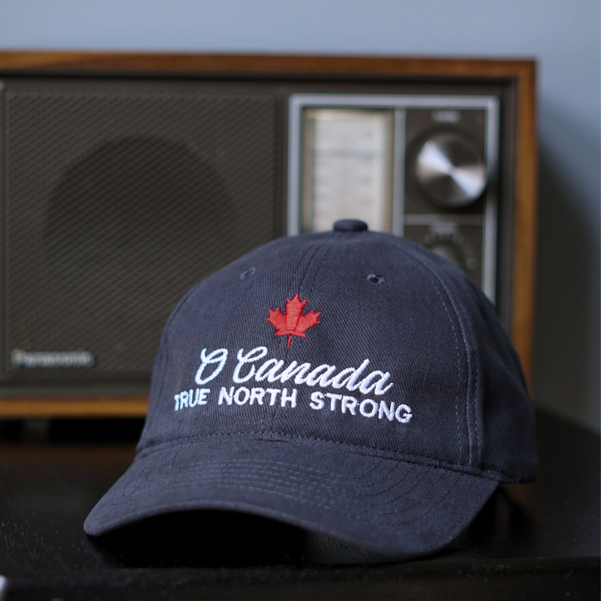 Front view of the Canadian Cap – O Canada True North Strong Navy Hat