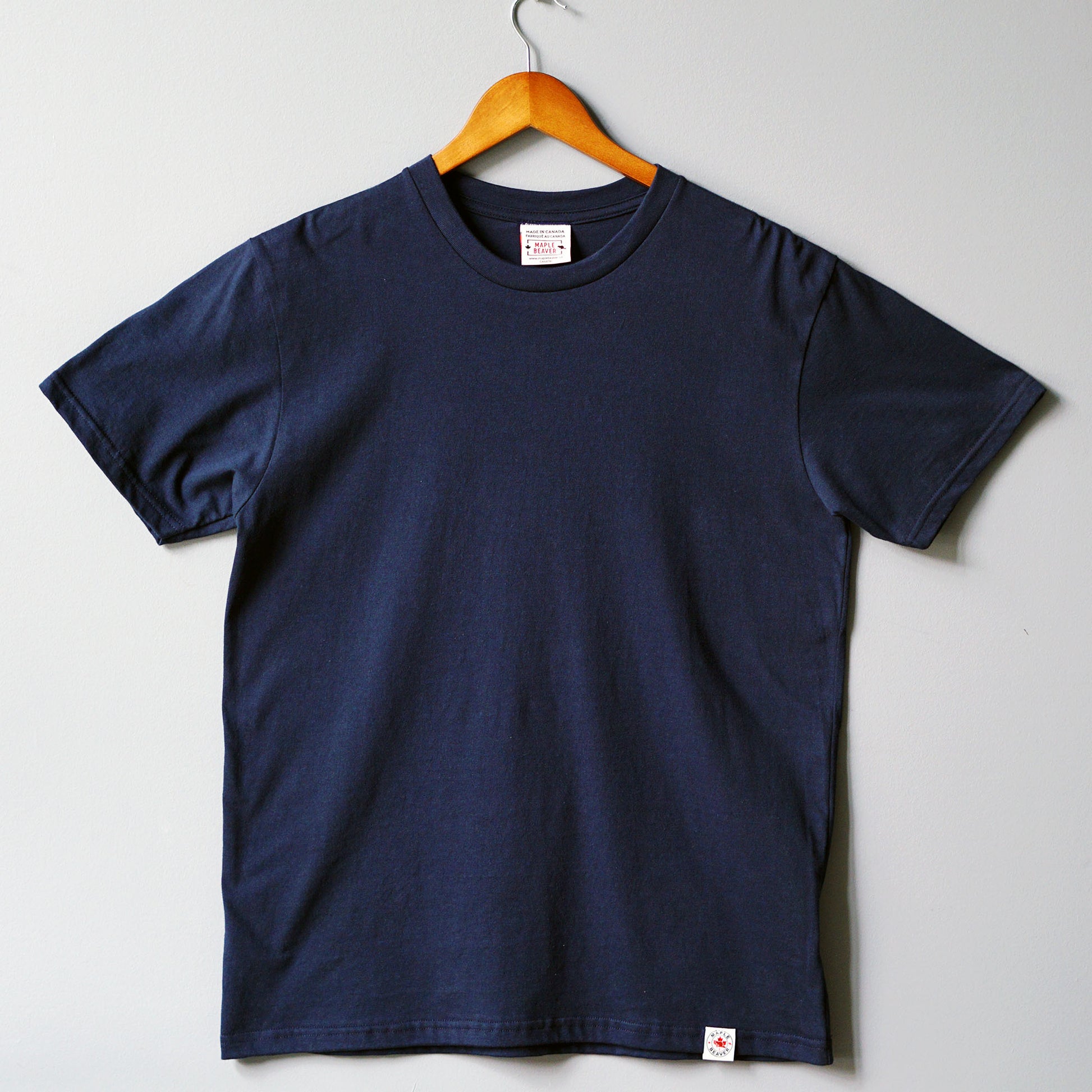 full front view of the Navy Organic Cotton T Shirt – Minimalist Sustainable Tee Made in Canada