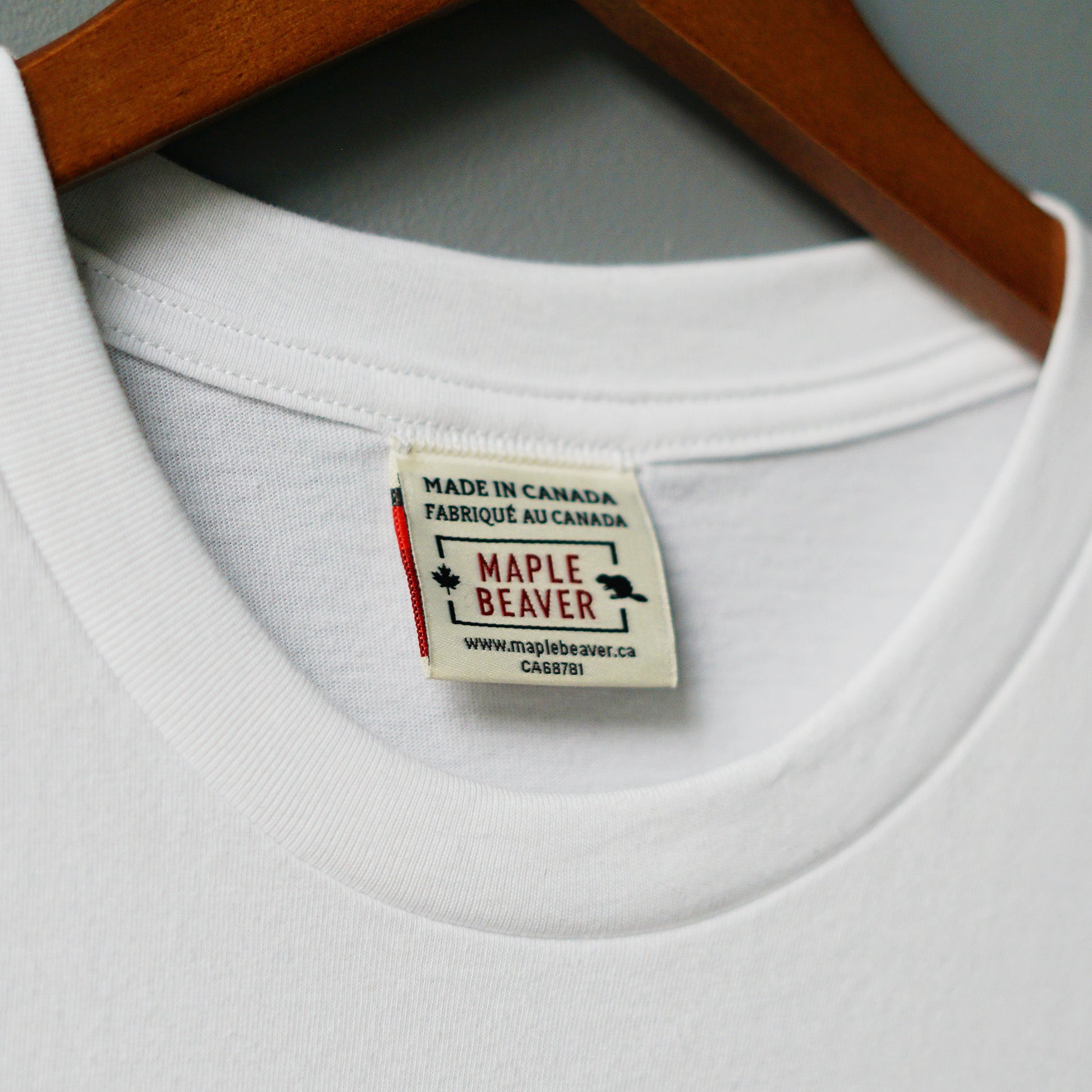 Canadian Made Oragnic Cotton T shirt in White color by Maple Beaver, closeup of crew neck.