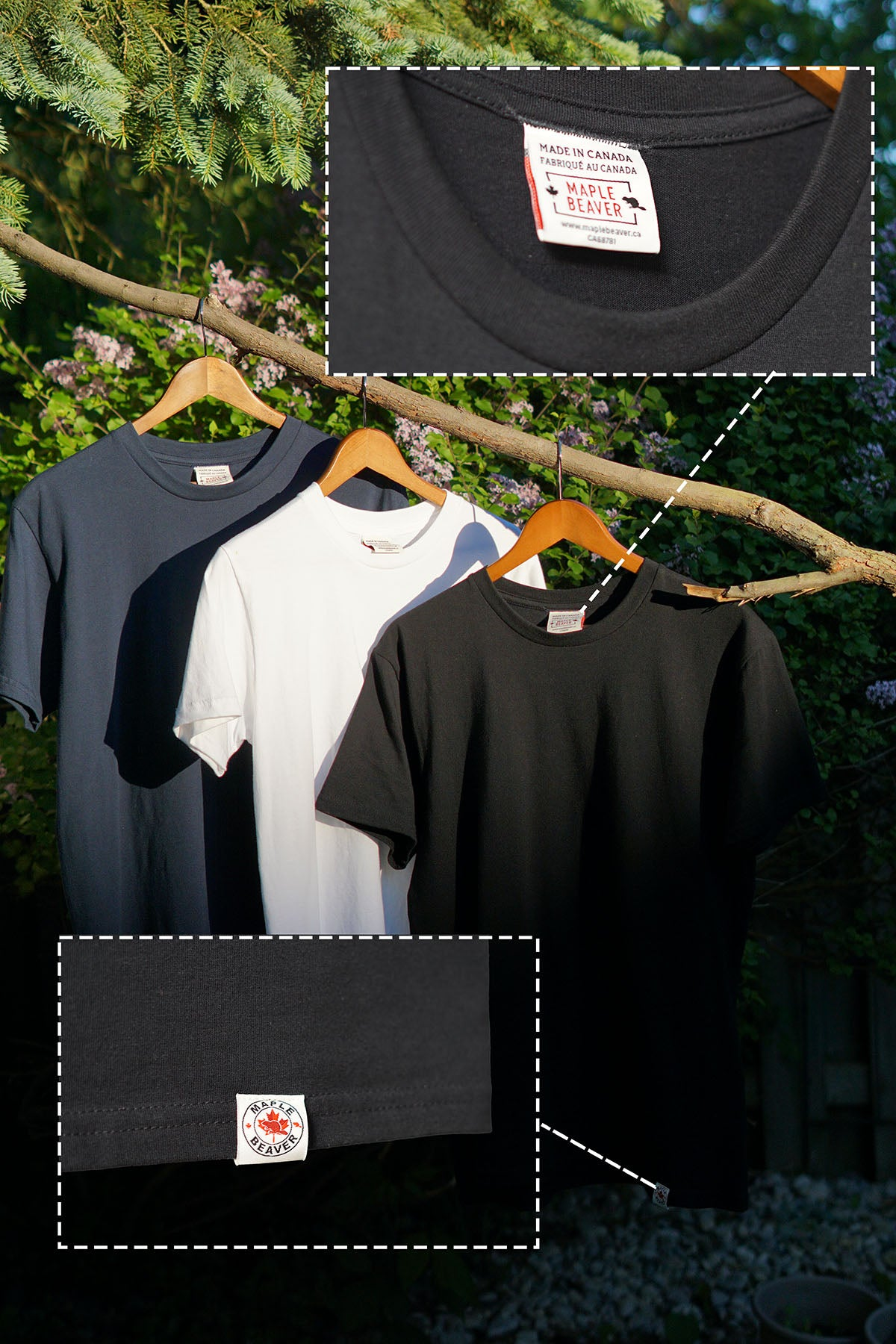 Minimalist Organic Cotton T shirts in Black, white and Navy colour Maple Beaver completely made in Canada