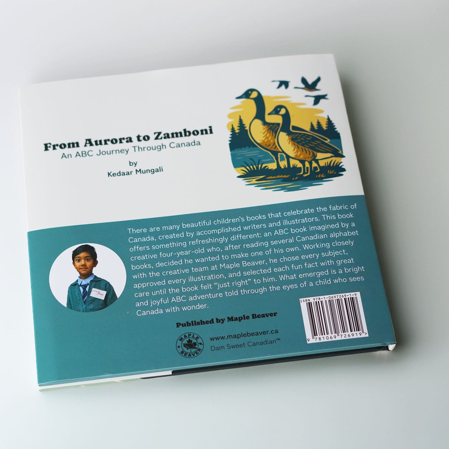 Back Cover Page of the children's Canadian ABC book: From Aurora to Zamboni by Kedaar Mungali

